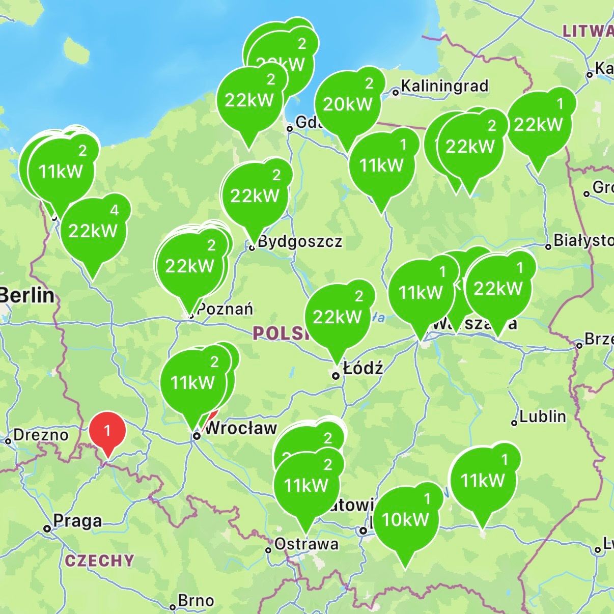 Mapa stacji ładowania AC Budimex Mobility objętych letnią promocją