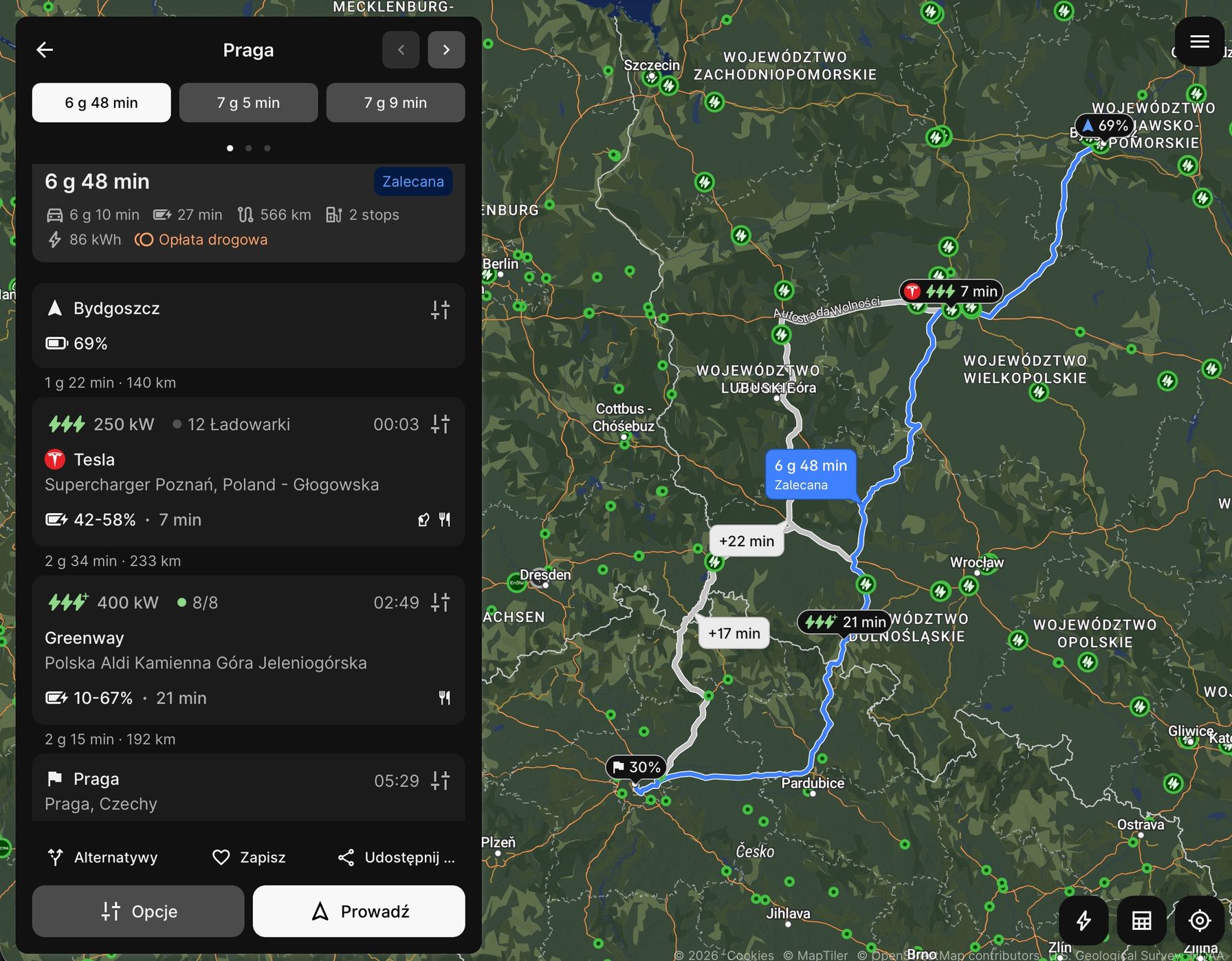 Aplikacja ABRP - zaplanowana trasa Bydgoszcz-Praga z przystankami na Tesla Supercharger i GreenWay