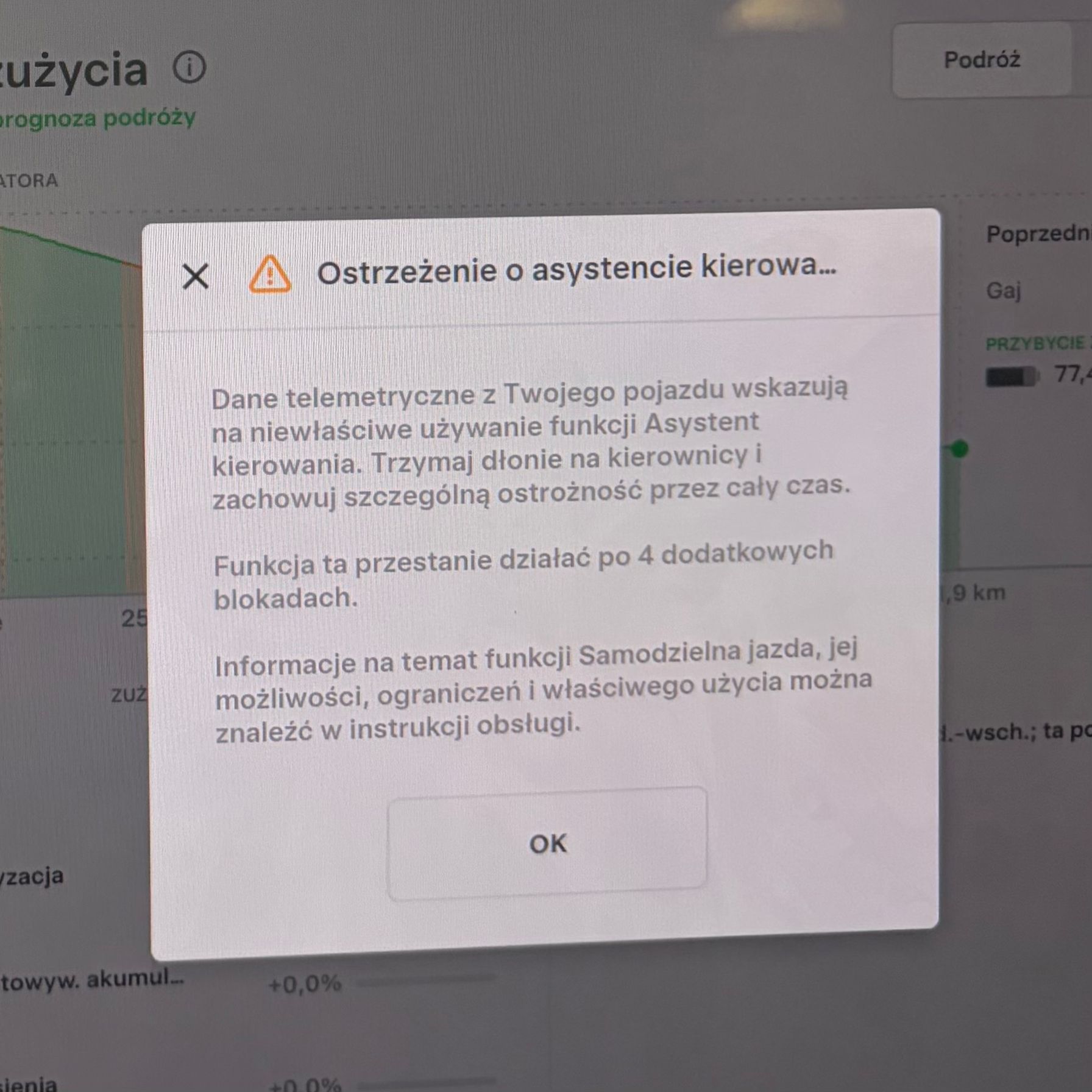 Ostrzeżenie NAG na ekranie Tesli po zignorowaniu prośby o trzymanie kierownicy