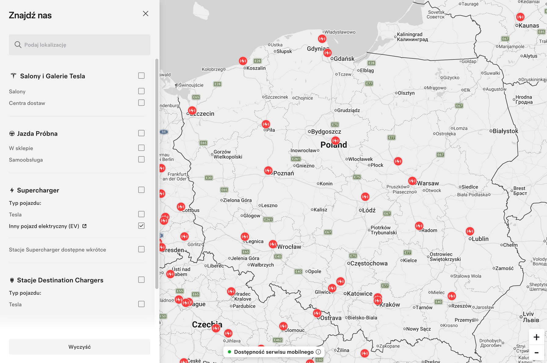 Mapa stacji Tesla Supercharger w Polsce - otwarte dla wszystkich i tylko dla Tesli