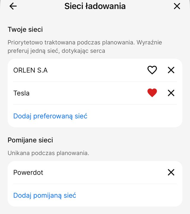 Ustawienia sieci ładowania w ABRP - Tesla i ORLEN jako preferowane, Powerdot jako pomijana sieć