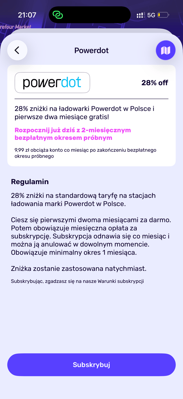 Ekran aplikacji Octopus Electroverse z abonamentem Powerdot za 9,99 zł miesięcznie i obniżonymi cenami ładowania