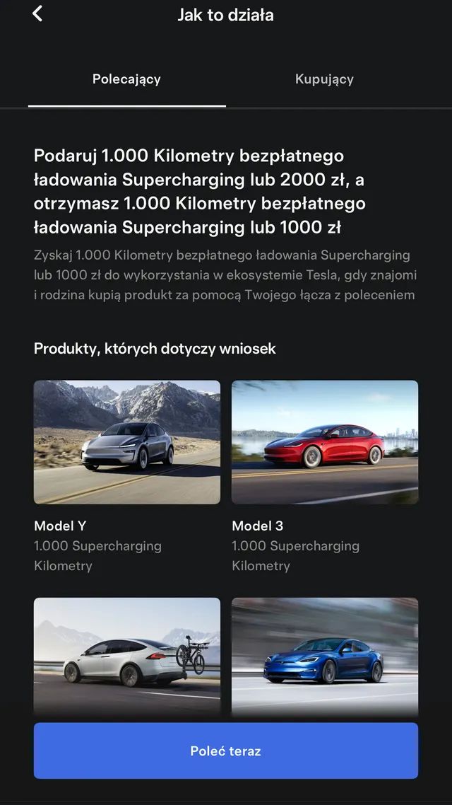 Ekran programu poleceń Tesla z kodem polecającym i bonusem 1000 km Supercharger