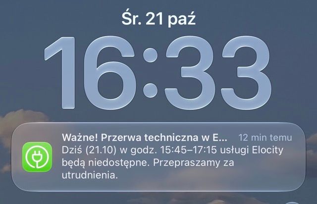 Powiadomienie z aplikacji Elocity z 21 października 2026, godz. 15:43, o wyłączeniu aplikacji od 15:45 na półtorej godziny