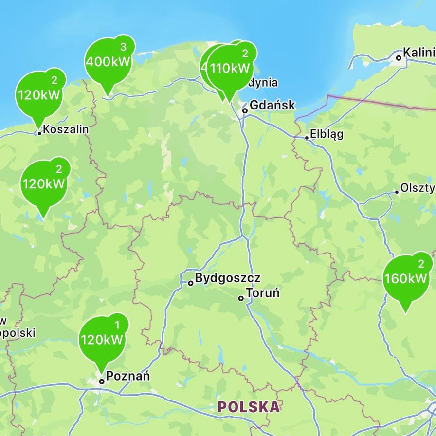 Mapa stacji DC Budimex Mobility o mocy powyżej 100 kW objętych promocją