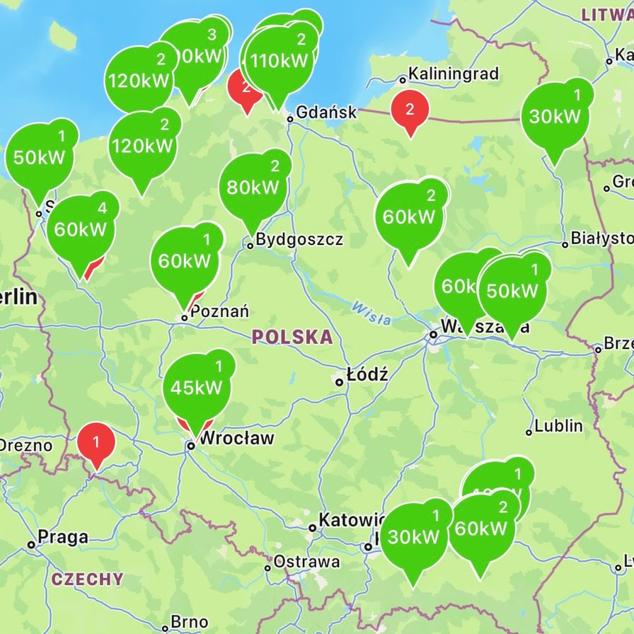 Mapa stacji ładowania DC Budimex Mobility objętych letnią promocją
