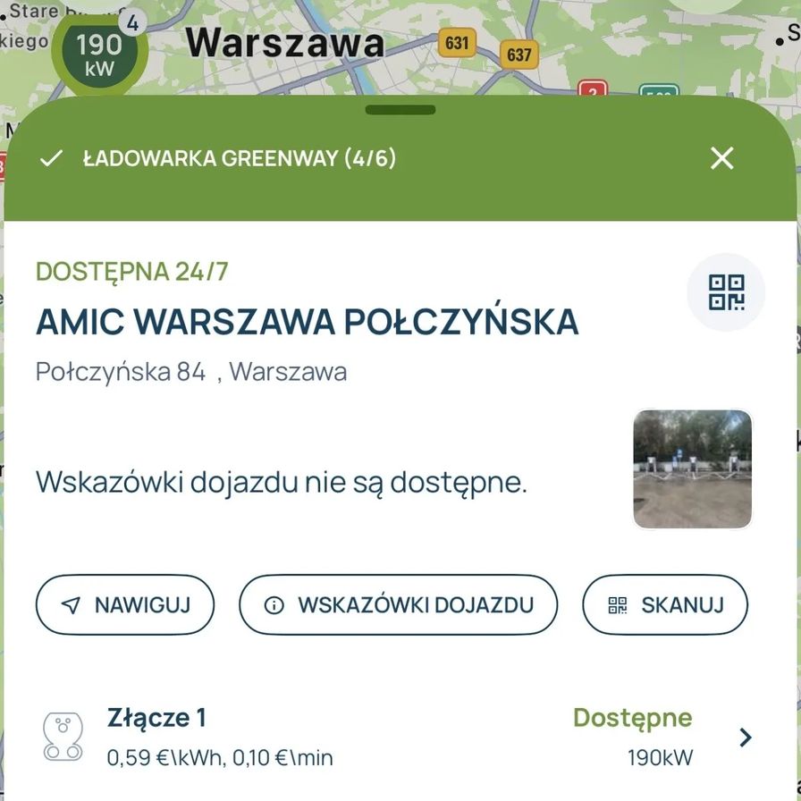 Ekran aplikacji GreenWay - stacja 190 kW w Warszawie Połczyńska z ceną 0,59 €/kWh