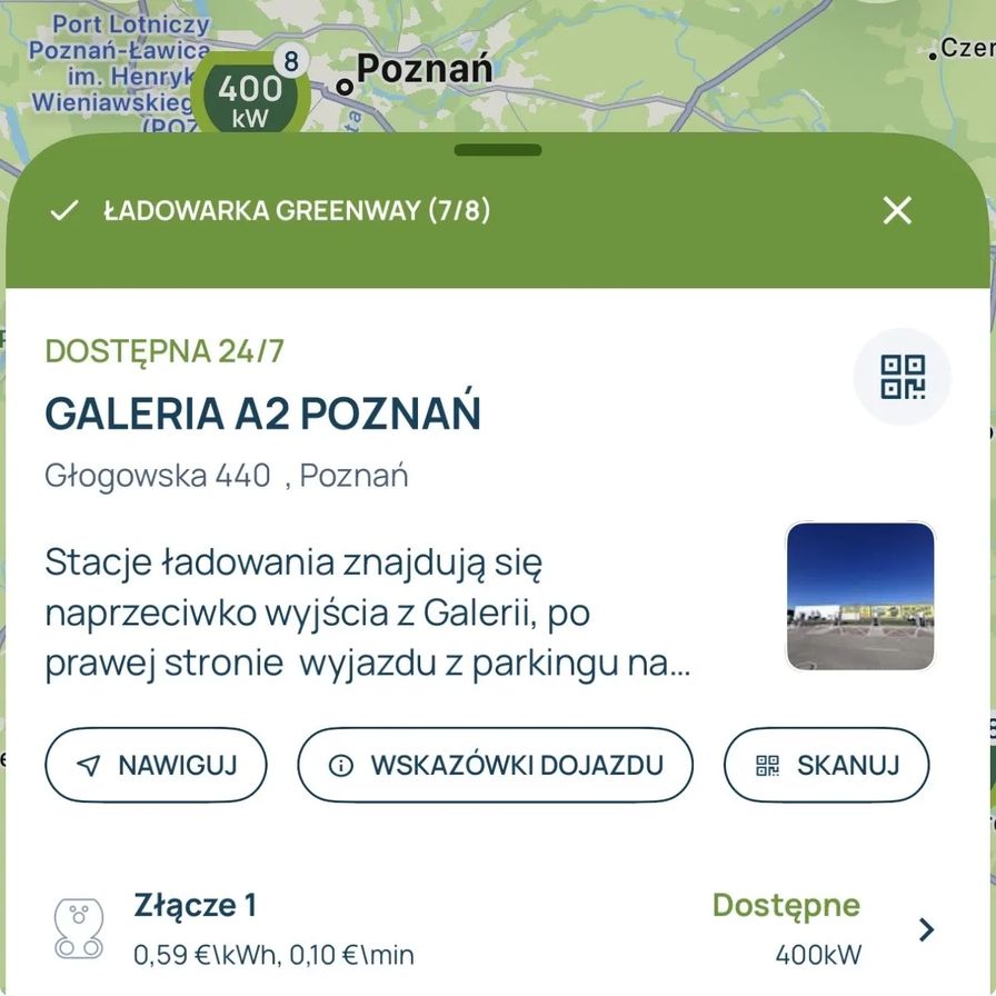 Ekran aplikacji GreenWay - stacja 400 kW w Poznaniu z ceną 0,59 €/kWh