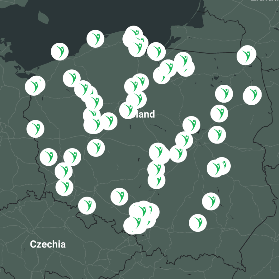 Mapa własnych stacji ładowania MOYA energia w Polsce - około 70 lokalizacji