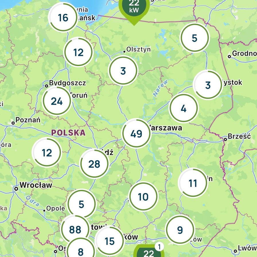 Mapa punktów ładowania AC GreenWay w aplikacji - wschodnia część Polski
