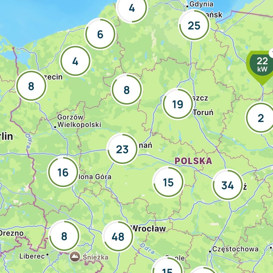 Mapa punktów ładowania AC GreenWay w aplikacji - zachodnia część Polski